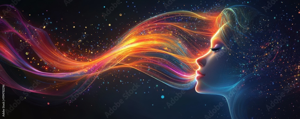 Poster abstract digital art depicting a woman s face formed by colorful flowing lines and sparkling element