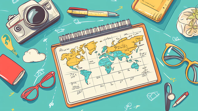 Colorful travel planning setup with a world map, camera, and stationery on a turquoise background. Generative AI