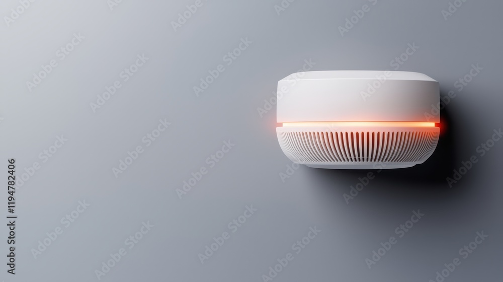 Poster customizable smart home security concept. modern smoke detector with red light indicator mounted on 