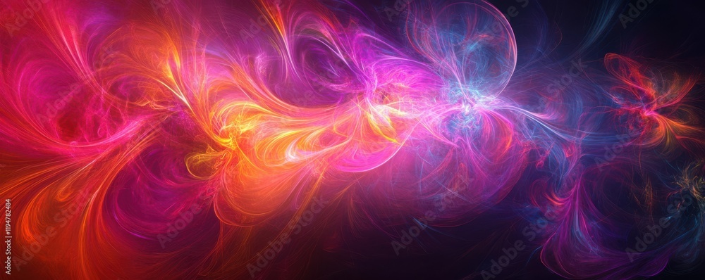 Poster abstract digital art with vibrant colors, featuring flowing patterns of light in shades of pink and 
