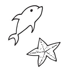 starfish and dolphin sea ocean black and white vector illustration set doodle isolated on white background base for textile typography postcard design