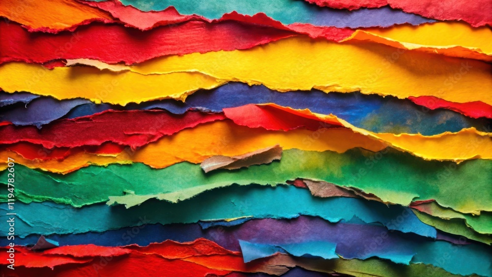 Poster vibrant hues of hand-torn paper arranged in a layered abstract composition featuring a spectrum of s