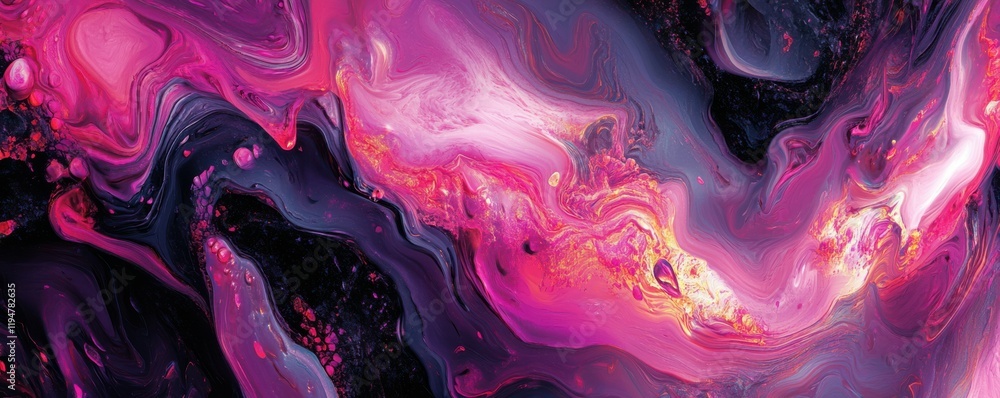 Poster abstract digital art with vibrant colors, featuring flowing patterns of light in shades of pink and 