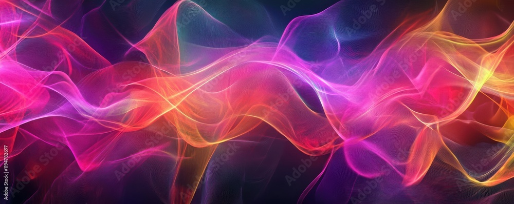 Poster abstract digital art with vibrant colors, featuring flowing patterns of light in shades of pink and 