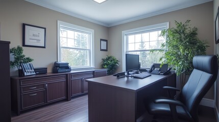 Fototapeta premium Spacious modern office featuring a clean desk setup, subtle decor, and a professional layout. Large windows provide bright natural lighting.