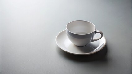 Fototapeta premium A solitary empty porcelain teacup rests on a matching saucer, a minimalist still life on a subtle textured surface