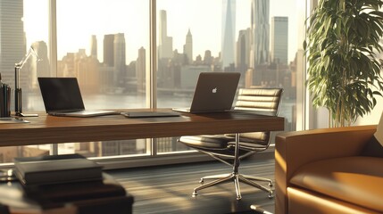 Fototapeta premium Stylish corner office with a view of the skyline, featuring a sleek wooden desk, a laptop, and minimal decor, emphasizing professionalism.