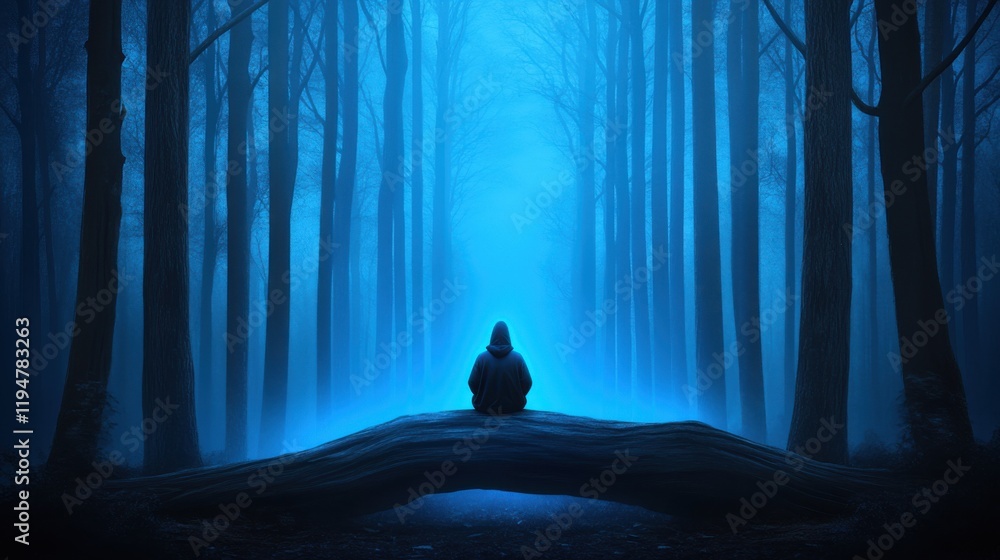Poster mysterious forest scene with figure in hooded jacket sitting on log surrounded by mist and trees in 