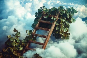 A ladder made of vines growing into the clouds symbolizing nature guiding the way to higher ambitions.