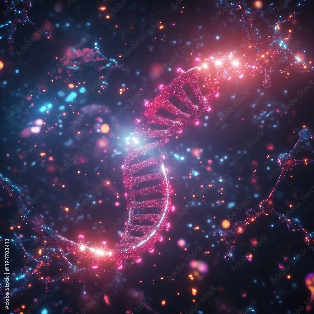 Poster Glowing DNA double helix entwined in vibrant molecular connections in a cosmic setting. Generative AI
