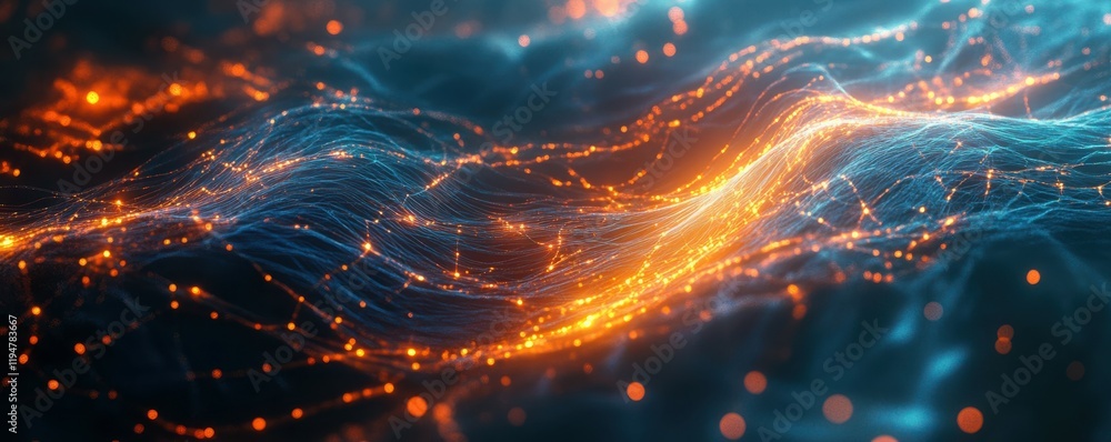 Poster abstract digital network background with glowing connections and data streams in vibrant blue and or