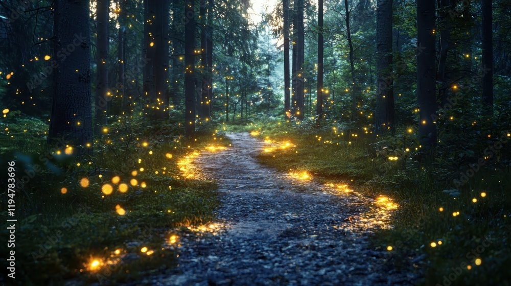 Poster enchanting forest path illuminated by fireflies at dusk magical atmosphere creating tranquility in n