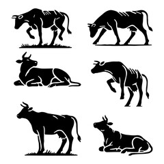 Cow Icon Set Silhouette for Farm, Agriculture, Rustic Flat Vector Illustration