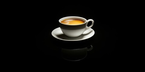 White coffee cup and saucer with golden brown coffee placed centrally on a reflective black surface against a dark black background
