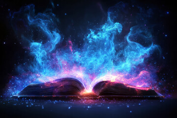 Magic book emitting glow with swirling energy and smoke