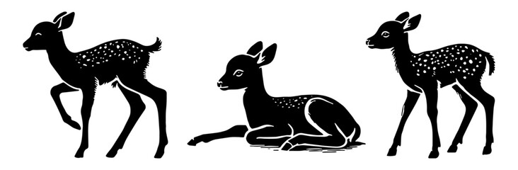 Fawns Silhouette Set for Wildlife, Nature, Cute Animal Flat Vector Illustration