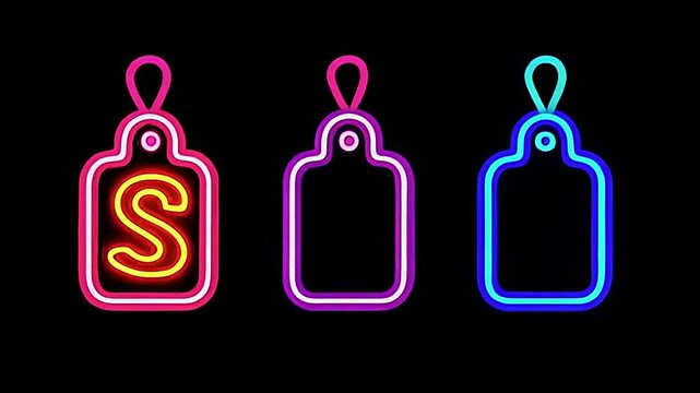 Video loop of colorful glowing neon lights in shape of gift tags on black background 