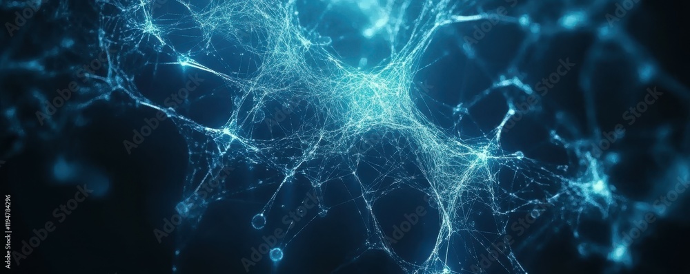 Poster abstract digital network connections glowing in dark blue, futuristic data concept, dynamic tech vis