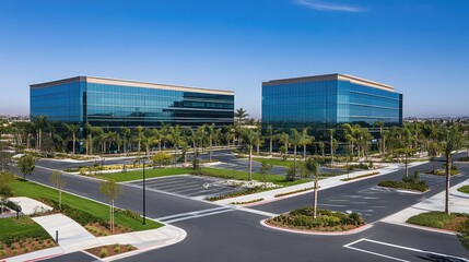 Wide-angle view of sleek office buildings in a modern business park, surrounded by landscaped paths and green lawns.
