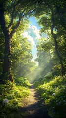 Obraz premium Enchanting forest path illuminated by sunlight nature scene wildflower lined trail tranquil environment serene viewpoint harmony with nature