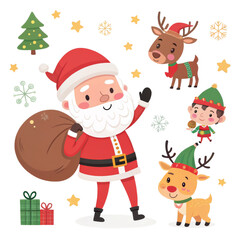Cute Cartoon Santa Claus, Elf, and Reindeer Christmas Composition Isolated on White Background, Illustration, Holiday, Christmas, Santa, Reindeer