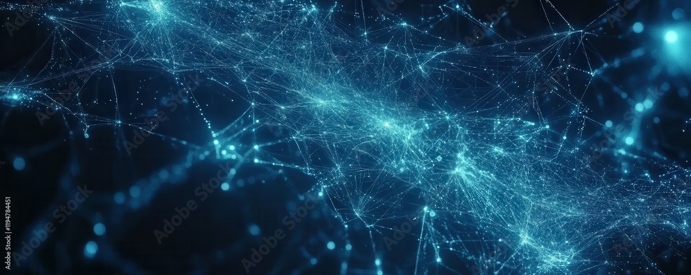 Poster abstract digital network connections glowing in dark blue, futuristic data concept, dynamic tech vis