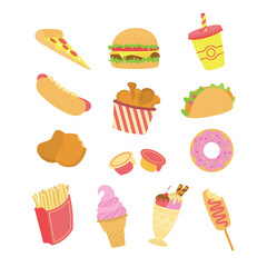 Collection of Delicious Fast Food Items in a Fun Hand Drawn Flat Style