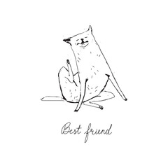 A minimalist dog in a funny pose scratching ear with tong hanging  with the text “Best friend.” A stylish black-and-white drawing for art and pet lovers.
