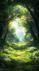 Fototapeta premium Sunlit enchantment forest pathway illuminated by wildflowers nature scene lush environment serene viewpoint harmony in nature