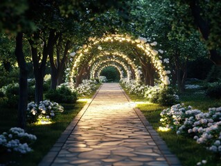 Fototapeta premium Enchanting garden pathway illuminated by blooming flowers evening ambiance landscape photography serene environment captivating viewpoint