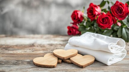 Sustainable gift for eco friendly Valentine's Day concept. Romantic setup with heart-shaped cookies and red roses on a rustic table
