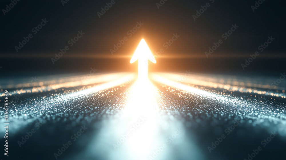 Poster a glowing arrow symbolizing progress and direction in a digital landscape.
