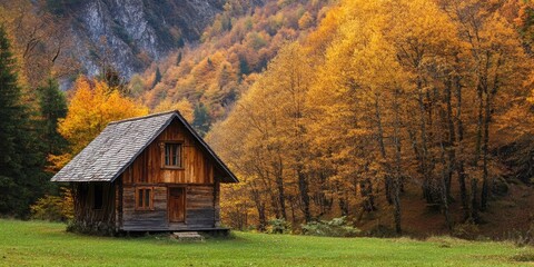 Rustic wooden cabin surrounded by vibrant autumn foliage and towering mountains in a serene landscape with rich orange and green hues.