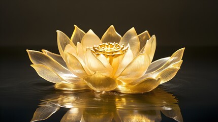 A golden lotus flower with intricate detailing, floating serenely on a smooth water surface. The glowing petals and peaceful environment symbolize purity, spiritual depth, and luxurious aesthetics 