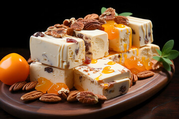 A stack of Italian torrone sits enticingly on a wooden board, ad