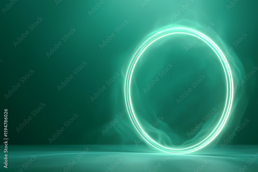 Poster a glowing circular light effect with a soft green hue on a dark background.