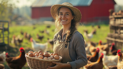 Portrait of smiling young woman farmer in hat holding basket with fresh organic eggs in hands against background of free range chickens on red farm