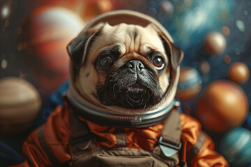 Close-up of animal dog mops astronaut in space, modern spacesuit reflecting Earth and technology, Generative AI