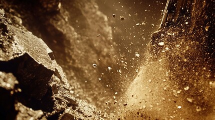 A heavy-duty drill breaking through rock in a mining operation.