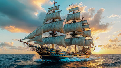 Beautiful old sailboat in sunset rays on the sea, old sailing brigantine