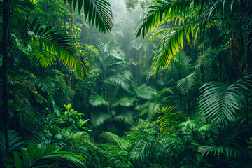 Shafts of sunlight break through the verdant foliage of a dense