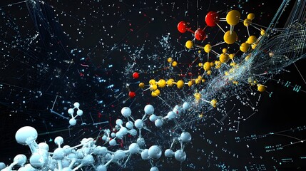 An abstract visualization of drug design, showcasing molecular structures floating above the dark background, with digital chemical equations and lines of code weaving around them. The composition 