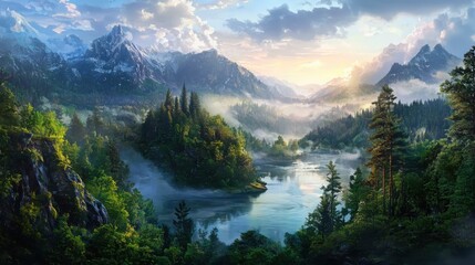 Obraz premium Misty dawn waves caressing a serene lake enveloped by lush forests scenic landscape photography tranquil environment wide angle view nature's embrace