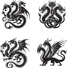 3 heads dragon  black and white silhouette assets in vector farm 