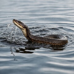 A water moccasin gliding across water with a white background.

