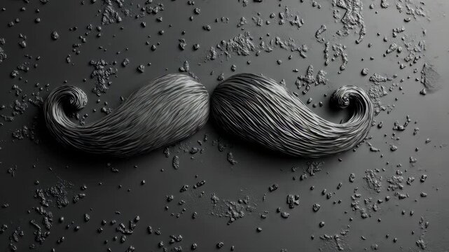 Creative display of a decorative mustache made from textured black material on a dark surface in an artistic setting