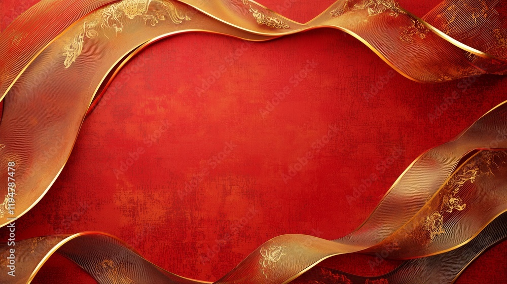 Poster elegant red background with decorative ribbons and patterns