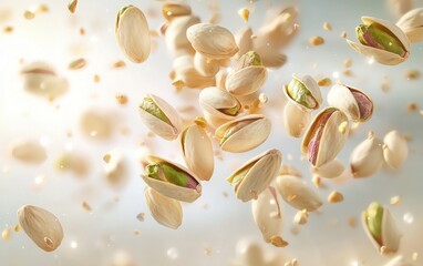 A soft cascade of pistachios suspended in motion, with a blurred effect on a pastel cream surface