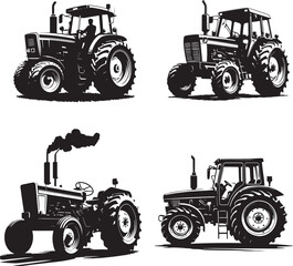 Tractors black and white silhouette assets in vector farm 