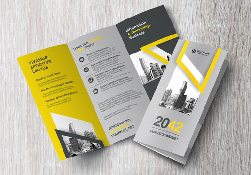 Corporate brochure design template &ndash; Professional modern tri-fold leaflet with geometric layout and business theme in Yellow and Black.